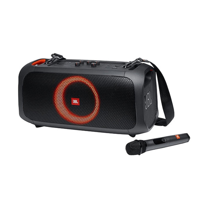 JBL PartyBox On-The-Go a Portable Karaoke Party Speaker with Wireless Microphone, 100W Power Output, IPX4 Splashproof, 6 Playtime Hours, Shoulder Strap, and Wireless 2 Party Speakers Pairing