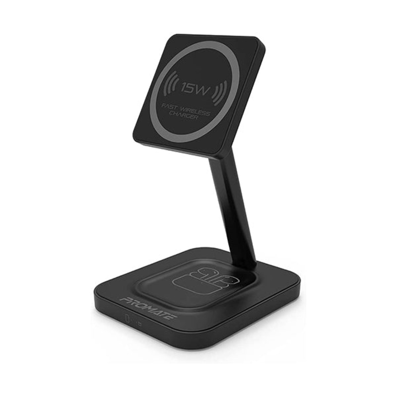 Promate, AuraBase-15W, Mag-Safe 15W 2-in-1 Fast Wireless Charger with Adjustable Neck and 5W Non-slip Charging Pad