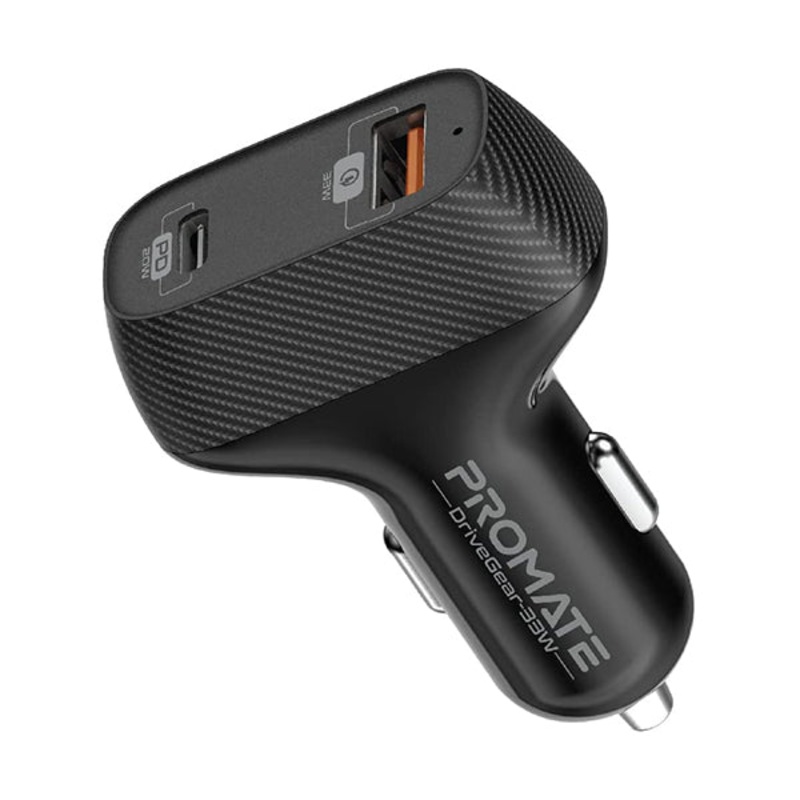 Promate, DriveGear-33W USB-C Car Charger, Premium 33W Dual Port Car Adapter with 20W USB Type-C Power Delivery and Ultra-Fast Qualcomm QC 3.0 USB Port for iPhone12, iPad Pro, iPad Air, Galaxy S21, S20