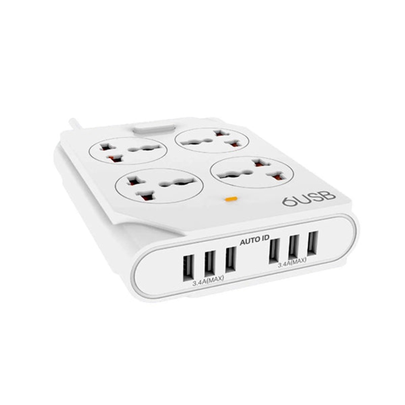 Moxom, Extension Lead with USB 6 Ports, 4 Way Outlets Universal Power Strip Surge Protector 2500W, 1.5M Extension Cord Power Socket, KH-63Y