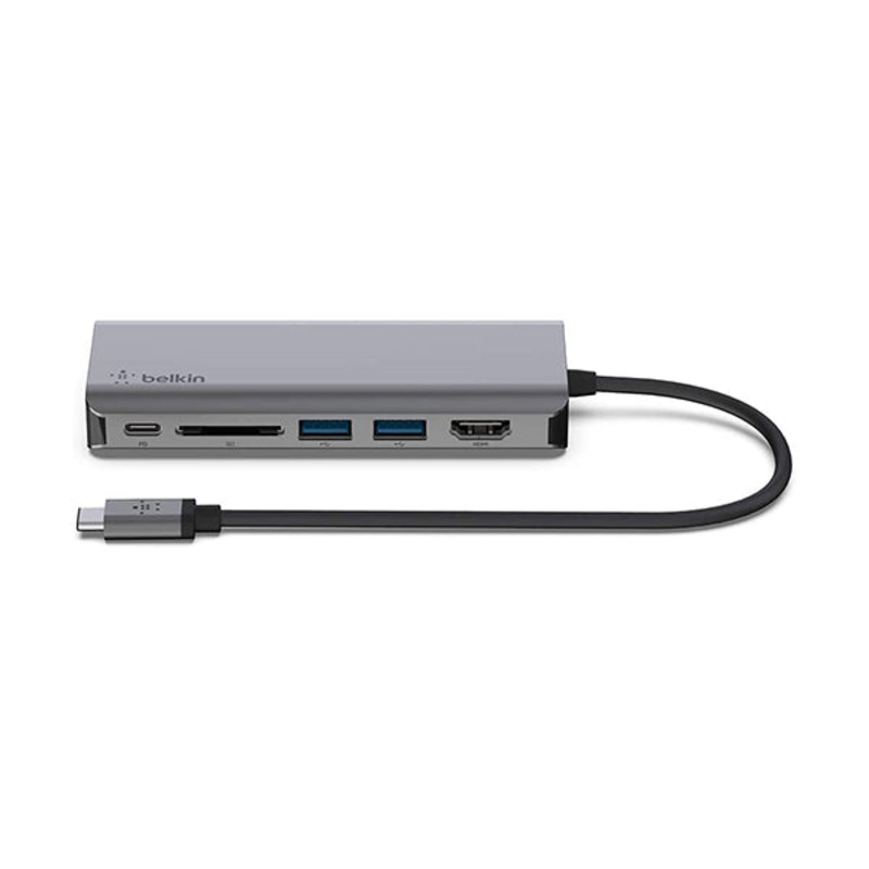 Belkin, AVC008BTSGY USB C Hub, 6-in-1MultiPortAdapter Dock with 4K HDMI, USB-C 100W PD Pass-Through Charging, 2 x USB A, Gigabit Ethernet Ports and SD Slot for MacBook Pro, Air, iPad Pro, XPS and More