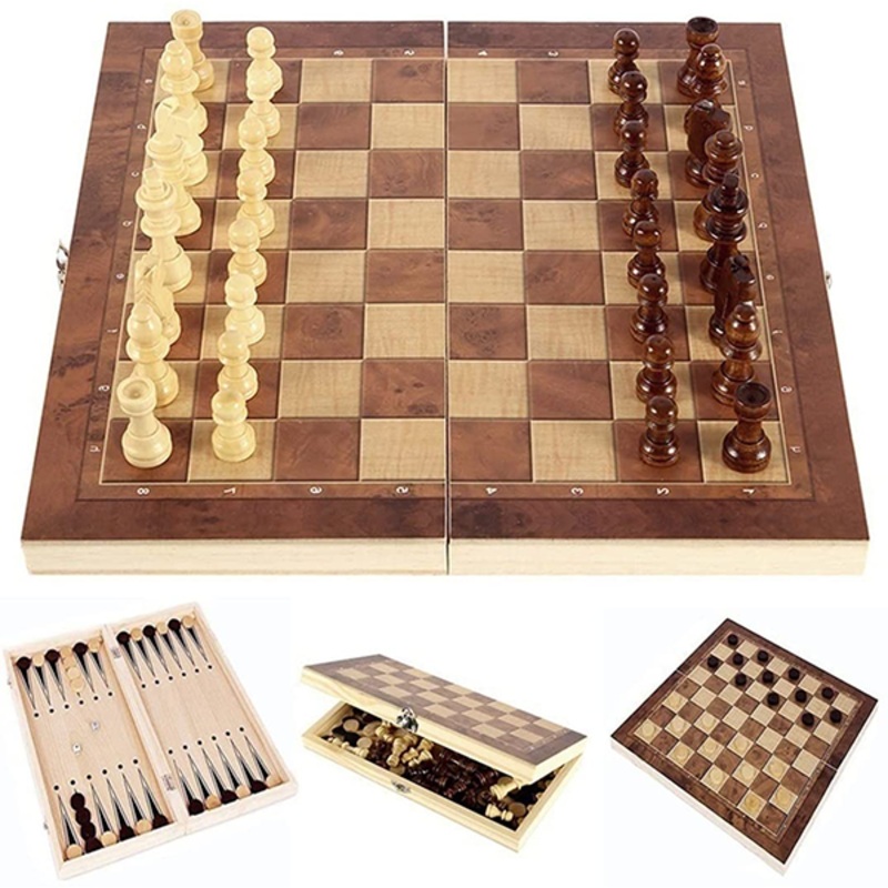 Wooden Folding Chess, Checkers & Backgammon Board – Size 40x40cm