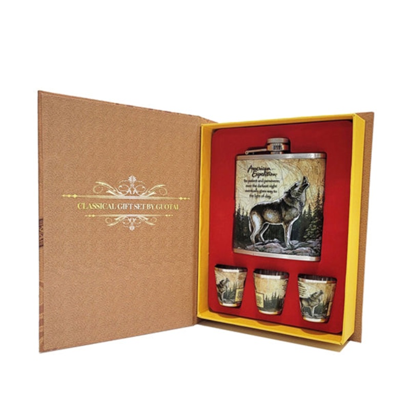 Leather Hip Flask Set – Book Shape – Wolf – 16112