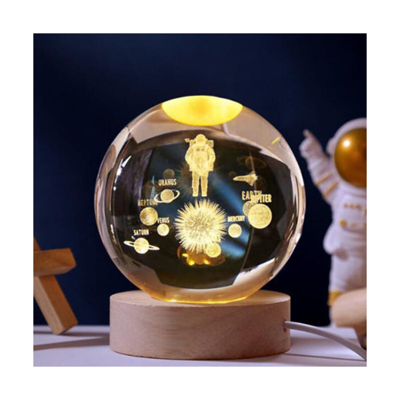 Astronaut Heart Crystal Glass Ball Light 3D Nightlight Wooden LED Display Base Stand – Size 8cm – 10373-AST