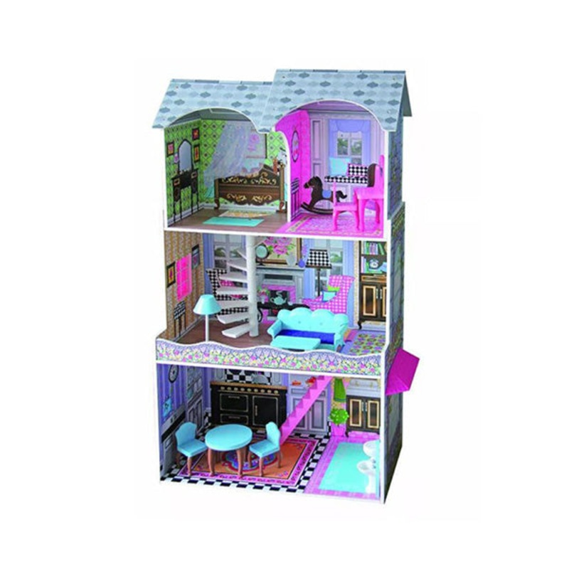 Wooden Girls Doll House 3 Level Kids Pretend to Play Toys Furniture Set – 95402