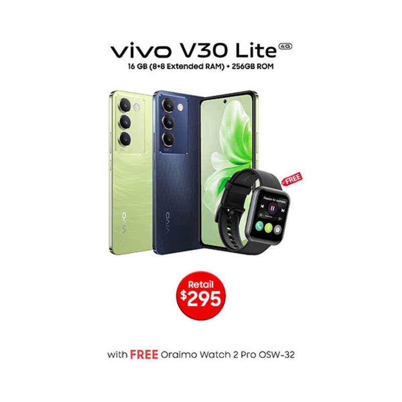 Vivo V30 Lite 4G 16GB/256GB (8GB Extended RAM) + 120 Days Screen Replacement Warranty + Free Oraimo Watch 2 Pro OSW-32