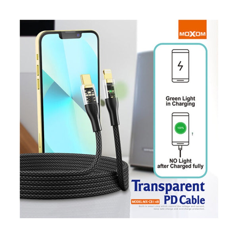 Moxom MX-CB148, Auto Power Off, Transparent USB-C to Lightning Data Cable With LED Light – 2 Meter