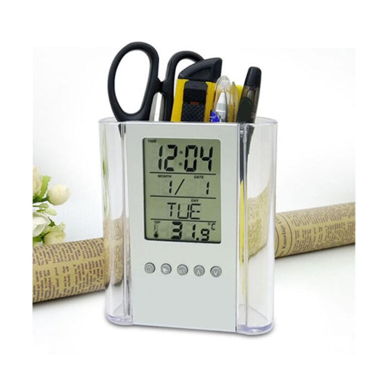 Transparent Pen Holder with Digital Alarm Clock – 10093