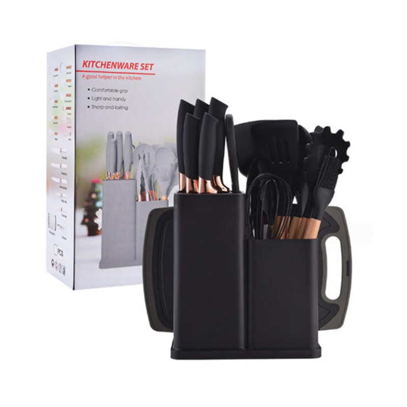 19-in-1 Wooden Handle Silicone Kitchen Utensils Set Knife Set with Block – 10720