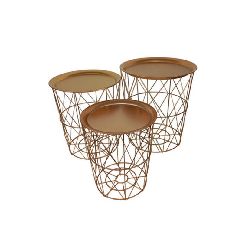 3 Side Tables of Gold-Plated Metal and Paulownia Wood – 10428