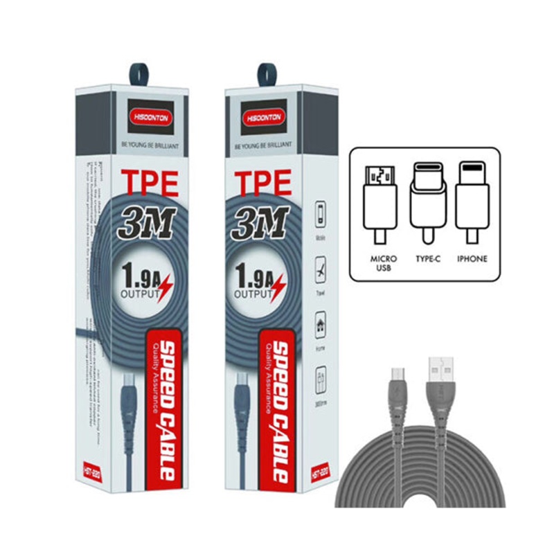 Hisoonton HST-220, 3 Meters Charging Cable, IOS, MicroUSB & Type-C