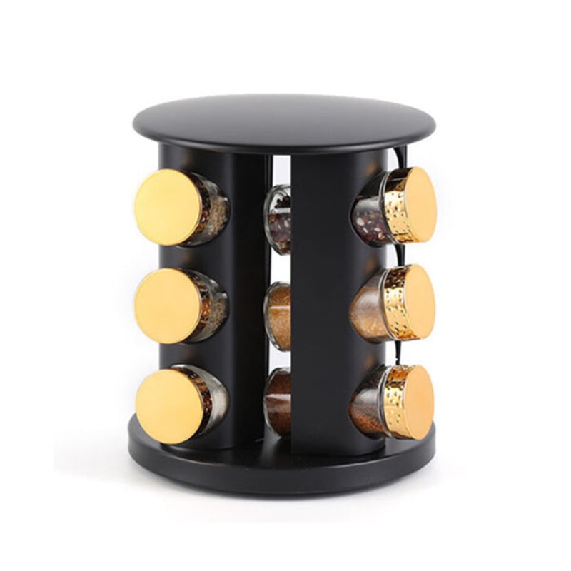 12-Jars Stainless Steel Black Rotating Spice Rack – 10526