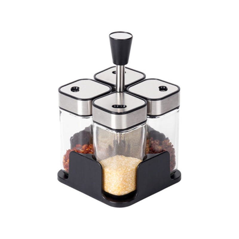 4 Pcs Stainless Steel Set Glass Jar Seasoning Salt, Pepper Seasoning Bottle Rack – 10512
