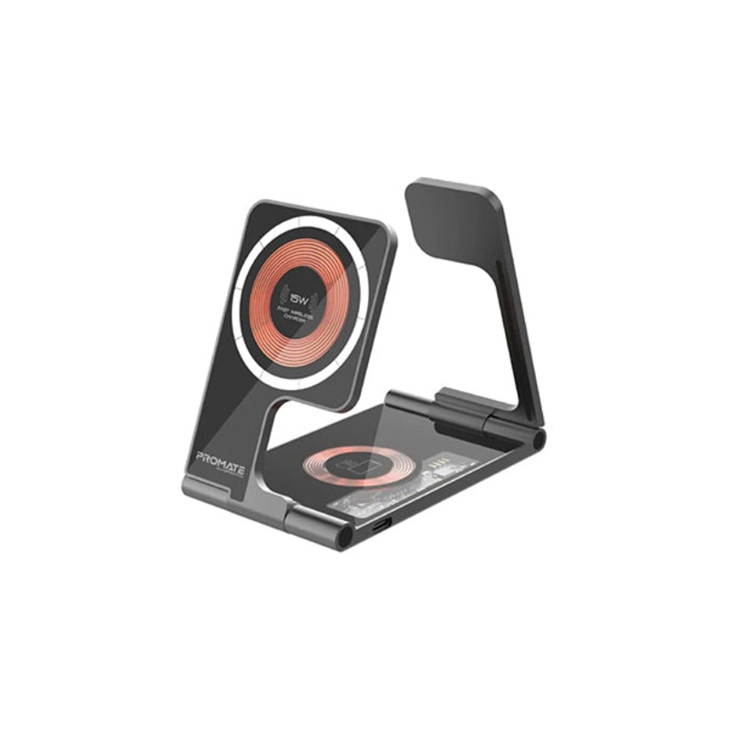 Promate, AuraFold-Trio, Ultra-Slim Transparent Foldable 15W MagSafe compatible Wireless Charging Station