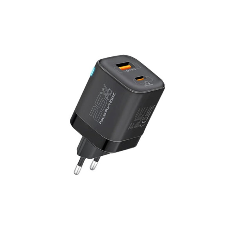 Promate, PowerPort-25AC, Ultra-Fast Dual Port AC Charger with 25W Power Delivery and QC 3.0