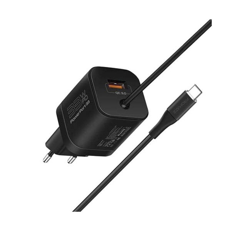 Promate, PowerPort-PDQC3, 33W Super Speed Wall Charger with Quick Charge 3.0 & USB-C Power Delivery