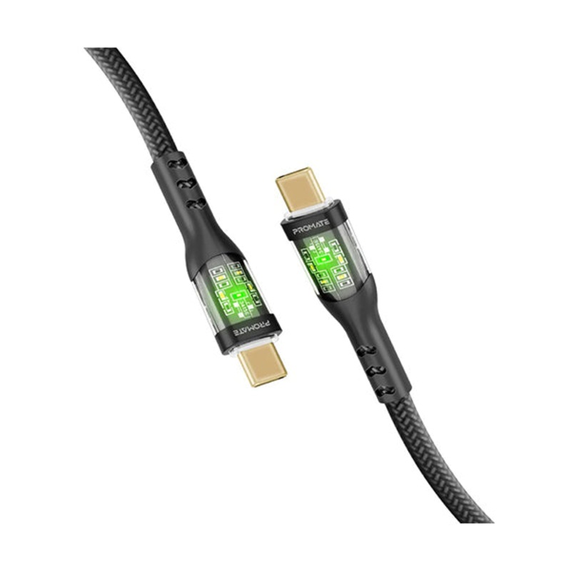 Promate, TransLine-CC, 60W Power Delivery Ultra-Fast USB-C Cable with Transparent Shells