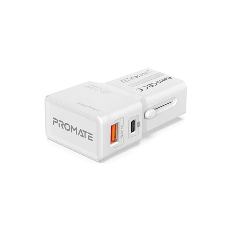 Promate, TriPlug-PD20, Sleek Universal Travel Adapter with 20W Power Delivery & Quick Charge 3.0
