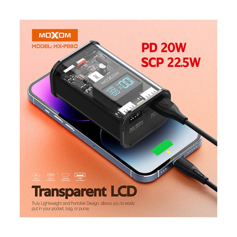 Moxom MX-PB80 PD 20W 10,000 mAh SCP 22.5W Super Fast Charge Transparent LCD Power Bank