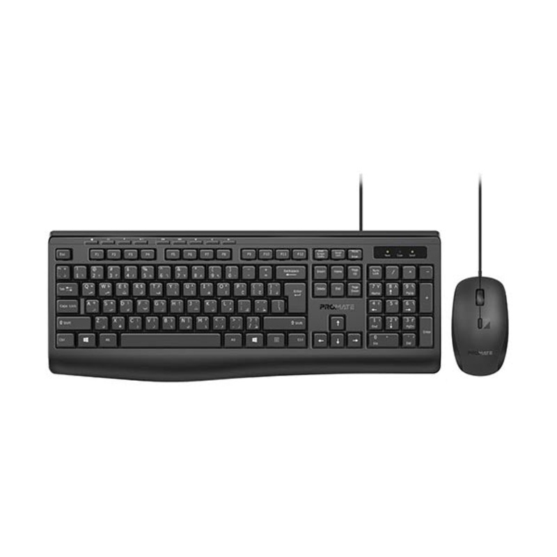 Promate Wired Keyboard and Mouse Combo, Ergonomic Slim Full-Size Quiet Keyboard, 2400 DPI Ambidextrous Mouse, Spill-Resistance, Media Keys, Plug and Play for iMac, MacBook Pro, Dell, Combo-CM4 – EN/AR