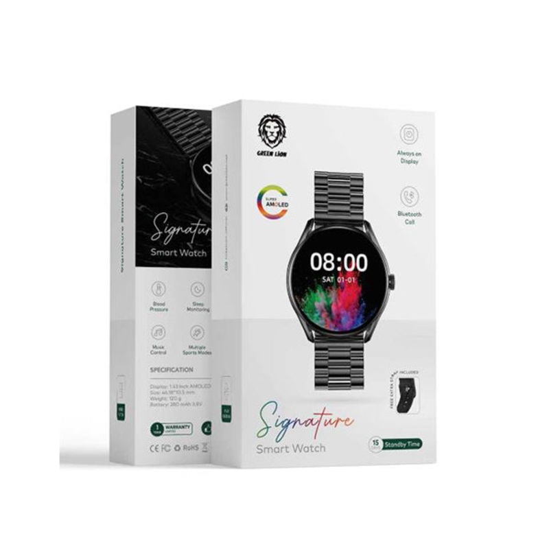 Green Lion, Signature Smart Watch 1.43 Inches Super AMOLED Display, 15 Days Standby Time, Bluetooth Call, Health Conditions, Massive Function, IP68 Waterproof, Always On Display, 280 mAh Battery