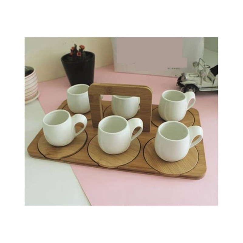 Set of 6 Cups With Bamboo Base, Kitchenware, Home Accessories, Porcelain Made – 13905