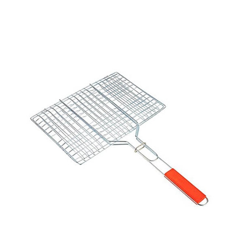 BBQ NET, Barbecue, Picnic, Stainless Steel, Wooden Handle, Rectangular Shape – 15423