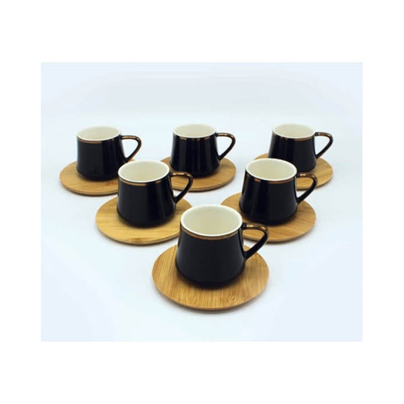 Coffee Cups with Bamboo Plates, Coffee Set, Porcelain Made, Bamboo Base – 13911