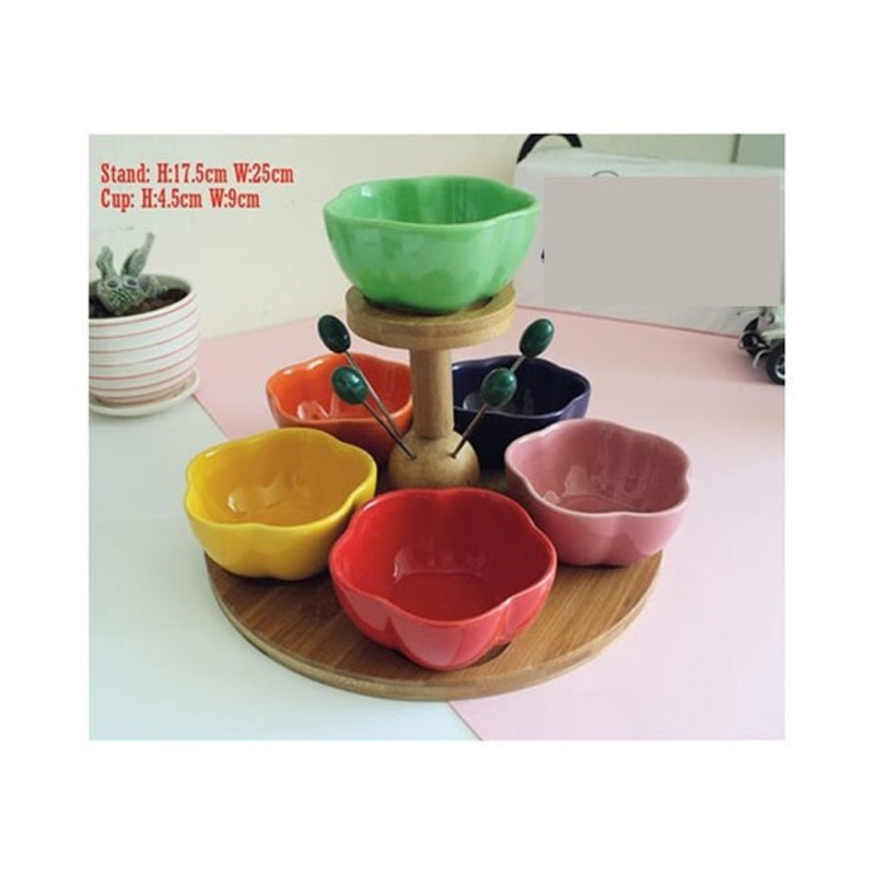 DIP Dishes Set With Bamboo Base, Colored Kitchenware, Home Accessories, Porcelain Made – 13917