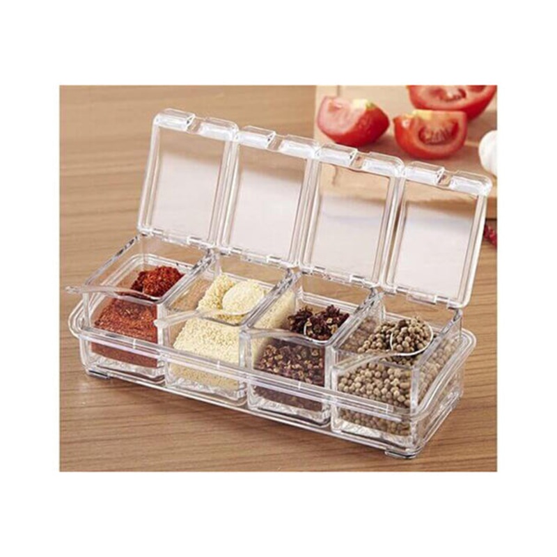 Four in One Crystal Clear Seasoning Box Acrylic Spice Rack Storage Condiment Jars Containers with One Spoon – 14053