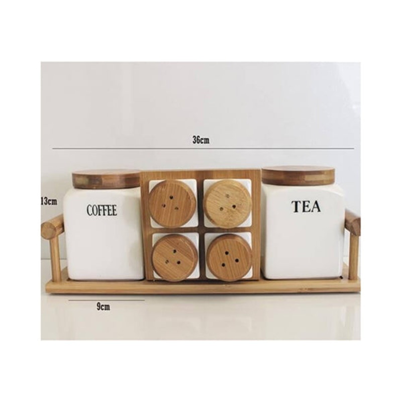 Set of 6 Canisters with Bamboo Rack, Kitchenware, Home Accessories, Porcelain Made – 13906