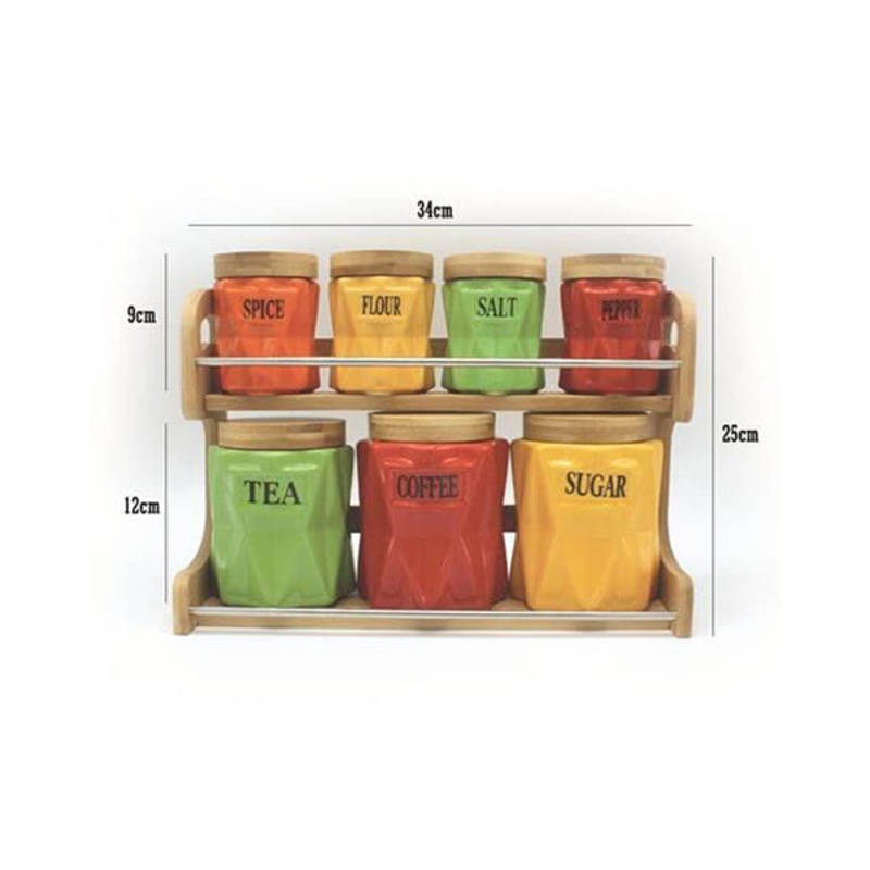 Set of 7 Canisters with Bamboo Rack, Kitchenware, Home Accessories, Porcelain Made – 13903
