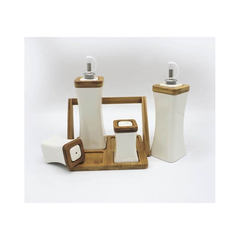 Porcelain Oil and Pepper Set with Bamboo Base – 13907