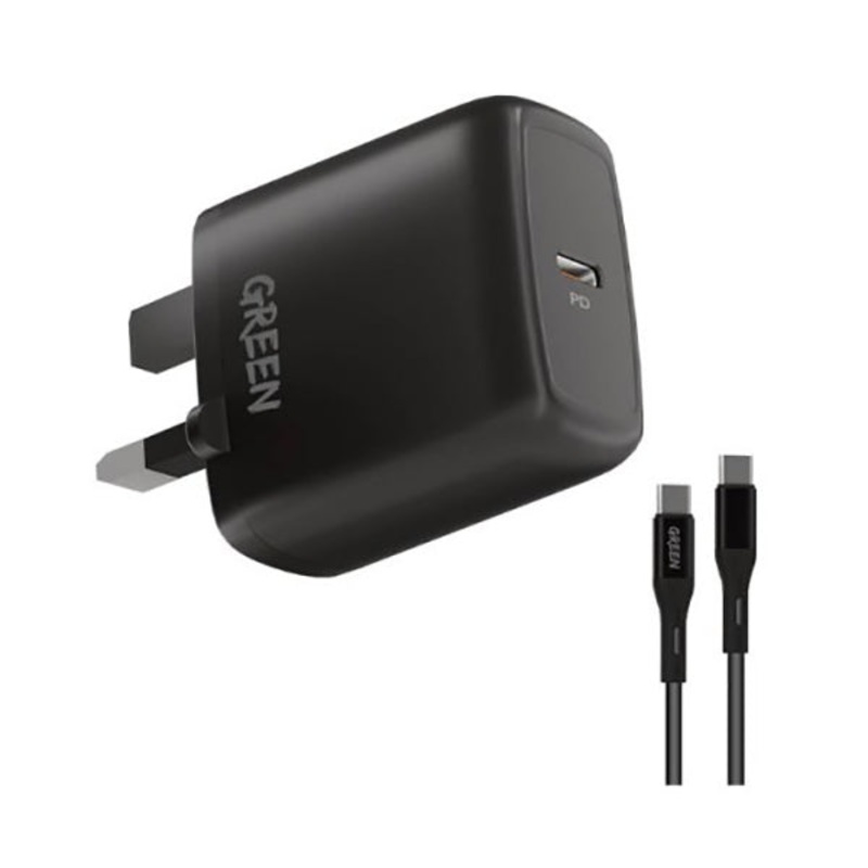Green Lion Type-C Port Wall Charger 20W UK with PVC Type-C to Type-C Cable 1.2M