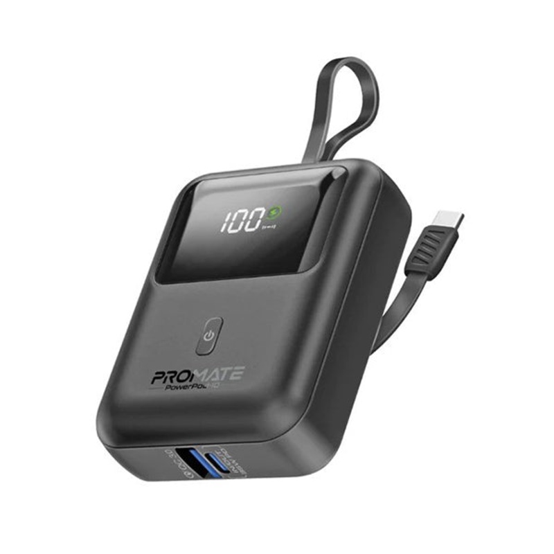 Promate, PowerPod-10 Ultra Compact 35W SuperSpeed Power Bank with Built-In USB-C Cable – POWERPOD-10