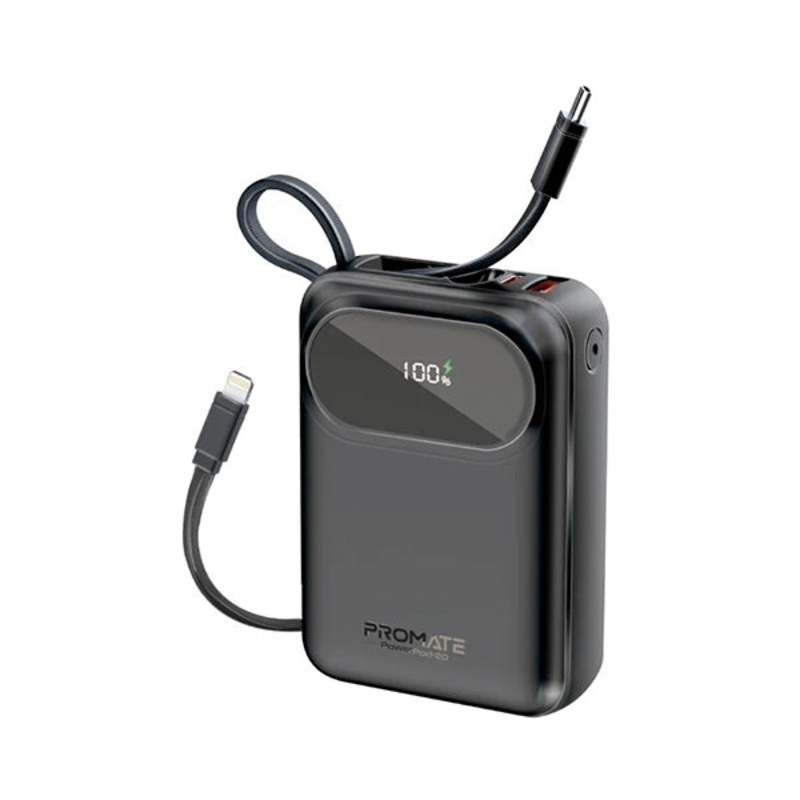 Promate, PowerPod-20, Ultra Compact 35W 20.000mAh SuperSpeed Power Bank with Built-In USB-C & Lightning Cable – POWERPOD-20