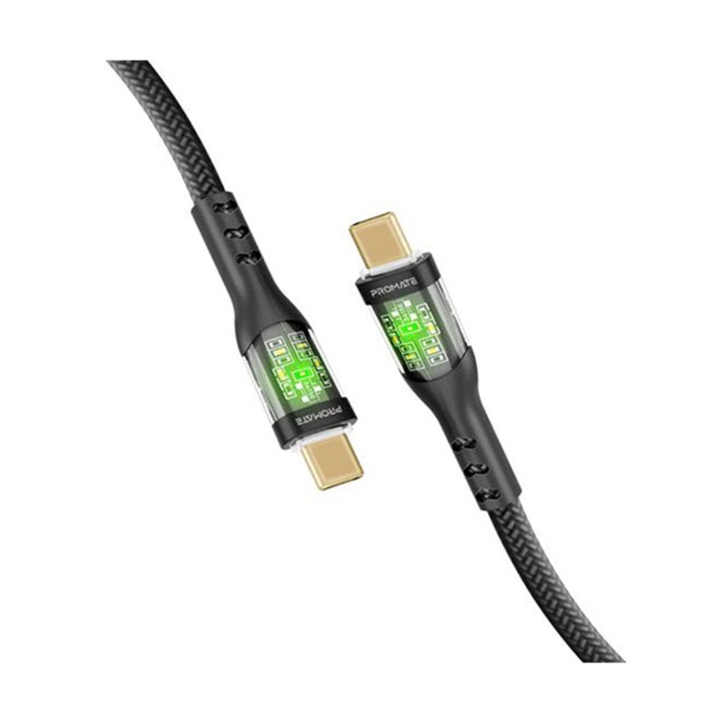 Promate, Transline-CC200, 2m USB-C To USB-C Cable with Transparent Connectors – TRANSLINE-CC200