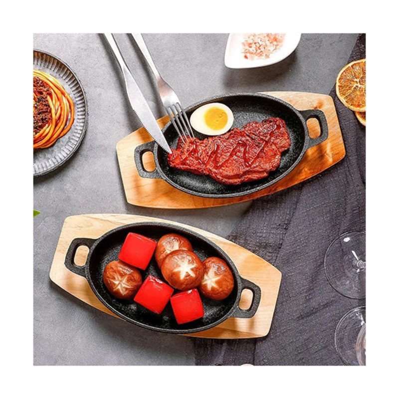 Cast Iron Mini Oval Serving Dish Pans with Wooden Base, Available in Different Sizes – 12240