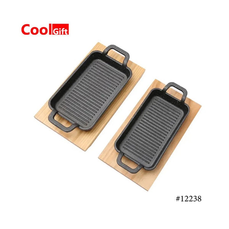 Cast Iron Mini Rectangular Serving Dish Pans with Wooden Bases, Available in Different Sizes – 12238