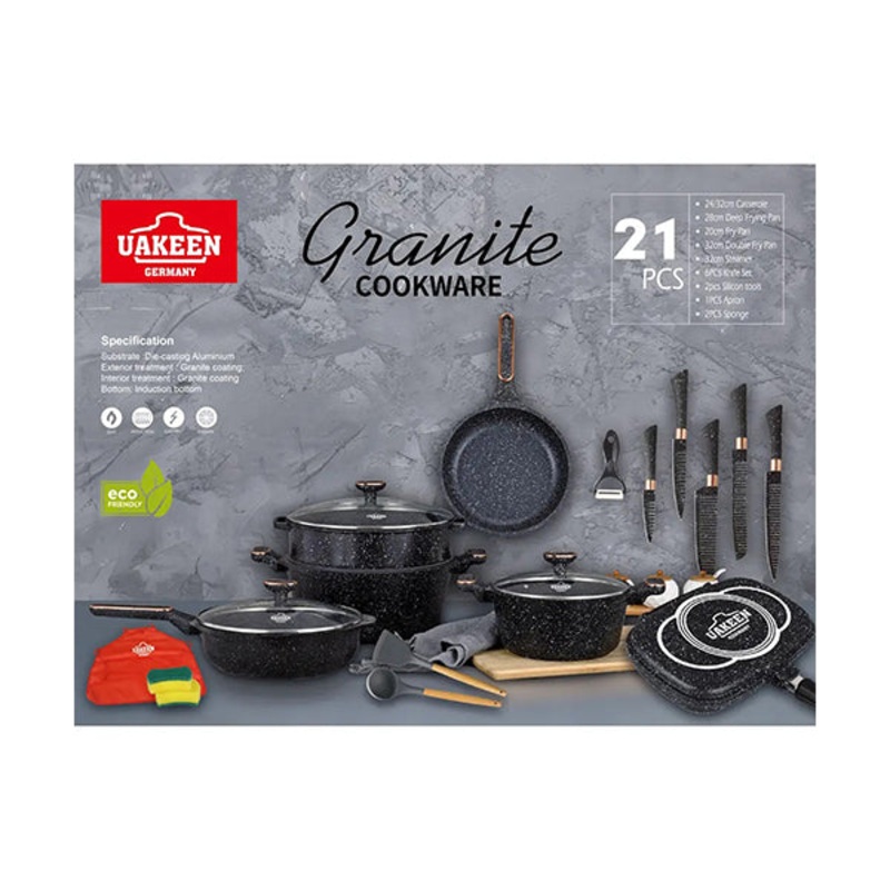 UAKEEN 21 Pieces Set Granite Non-Stick Coating 100% – 10968