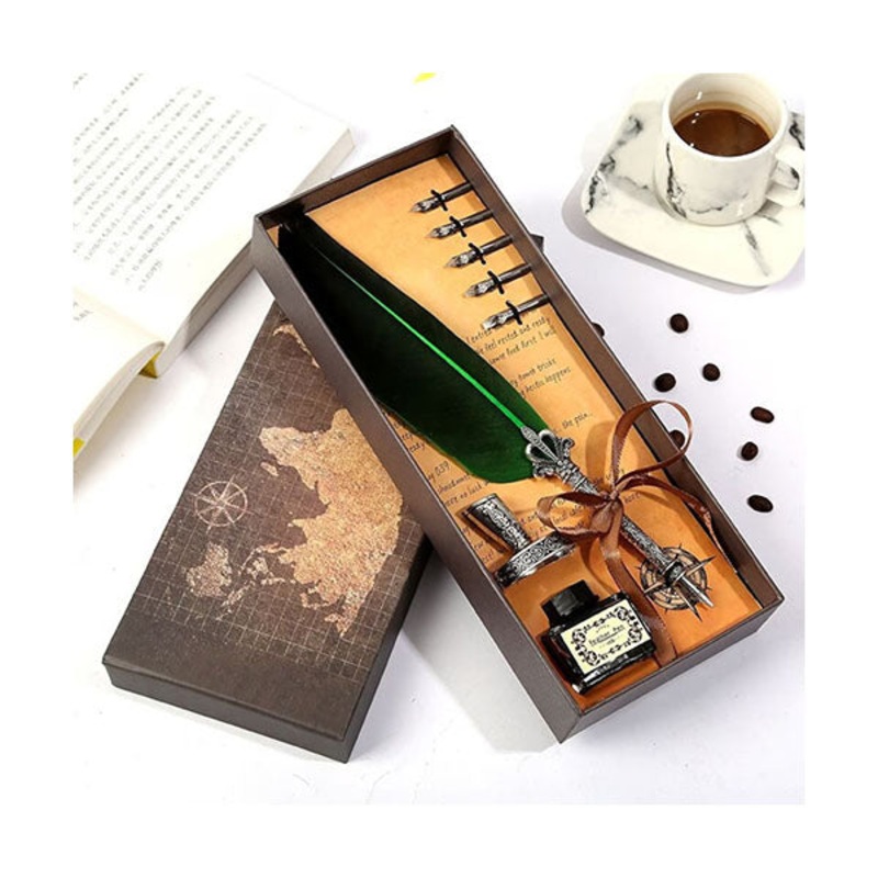 Vintage Calligraphy Pen Feather Dip Fountain Pen Sets Ink Stationery Quill Creative Retro Writing Pen School Office Supplies – 16007