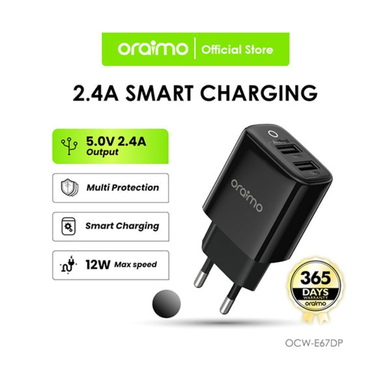 Oraimo, Firefly 2U, OCW-E67DP, Charger Head Dual USB 2.4A 5V Fast Charging