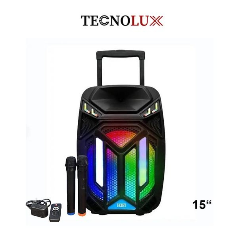 TECNOLUX Karaoke Speaker HS-1586 15 Inch High Power Speaker with Colored Lights Portable Outdoor Speakers