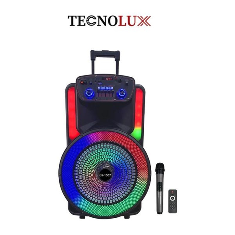TECNOLUX 15 50W 3600mAh 5.0 Treble, Echo, Bass & Delay Control Portable Bluetooth Speaker With Telescoping Handle, Wheels, Wireless Microphone, Remote Controller, FM & Aux GY-1207