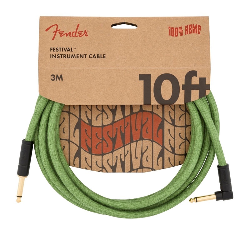 Fender Festival Hemp Straight to Right Angle Instrument Cable – 10 foot Green