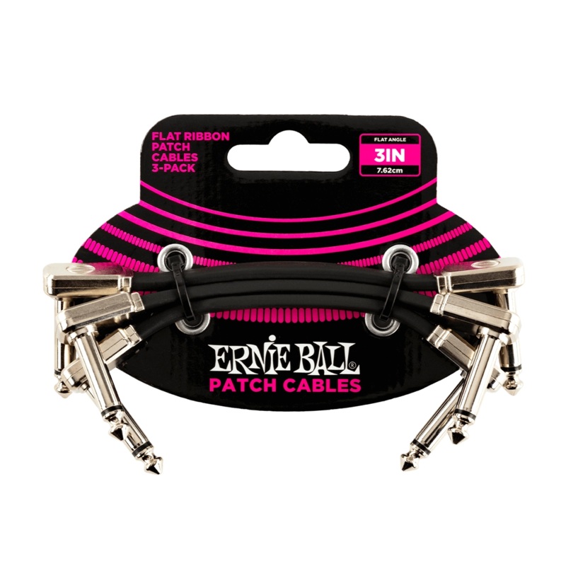 Ernie Ball P06220 Flat Ribbon Audio Cable, Angled 1/4 Ts Male – Angled 1/4 Ts Male, 3 Long – Black, 3-Pack