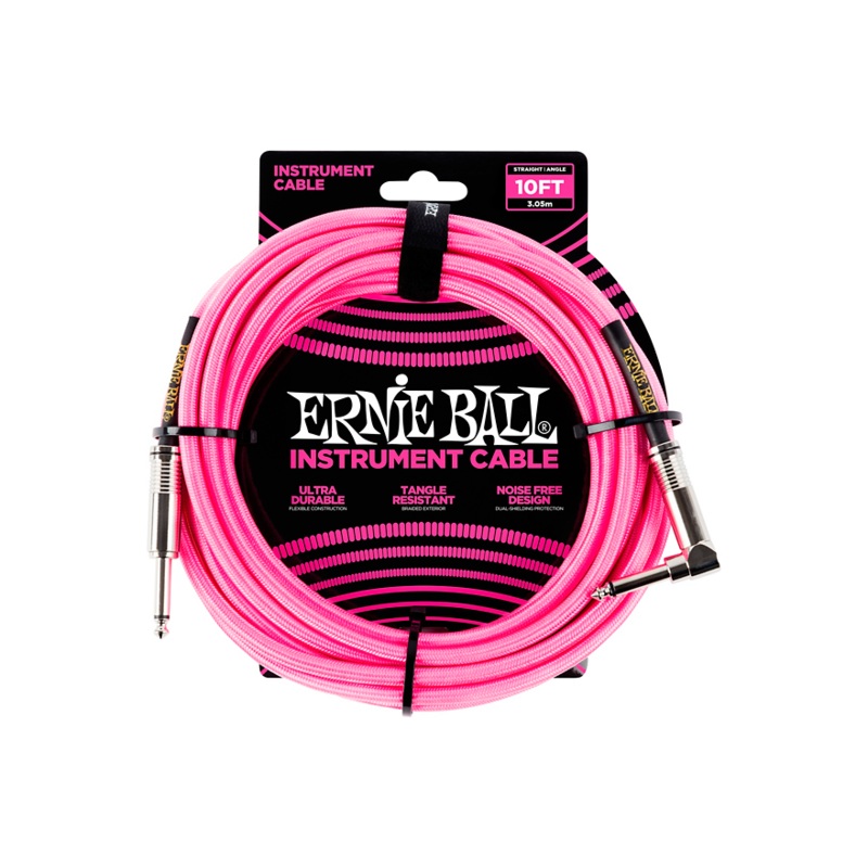 Ernie Ball 10′ Straight to Angle Braided Instrument Cable Neon Pink