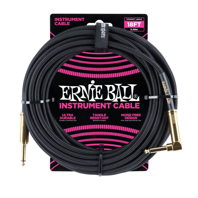 Ernie Ball 18′ Straight to Angle Braided Instrument Cable Black/Black