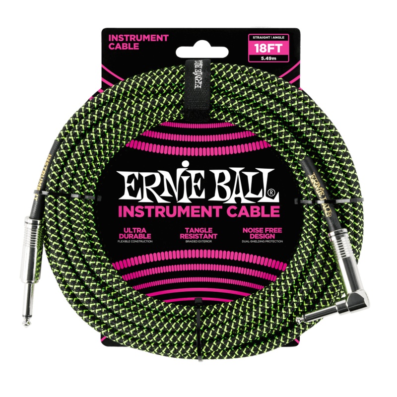 Ernie Ball 18′ Straight to Angle Braided Instrument Cable Black and Green