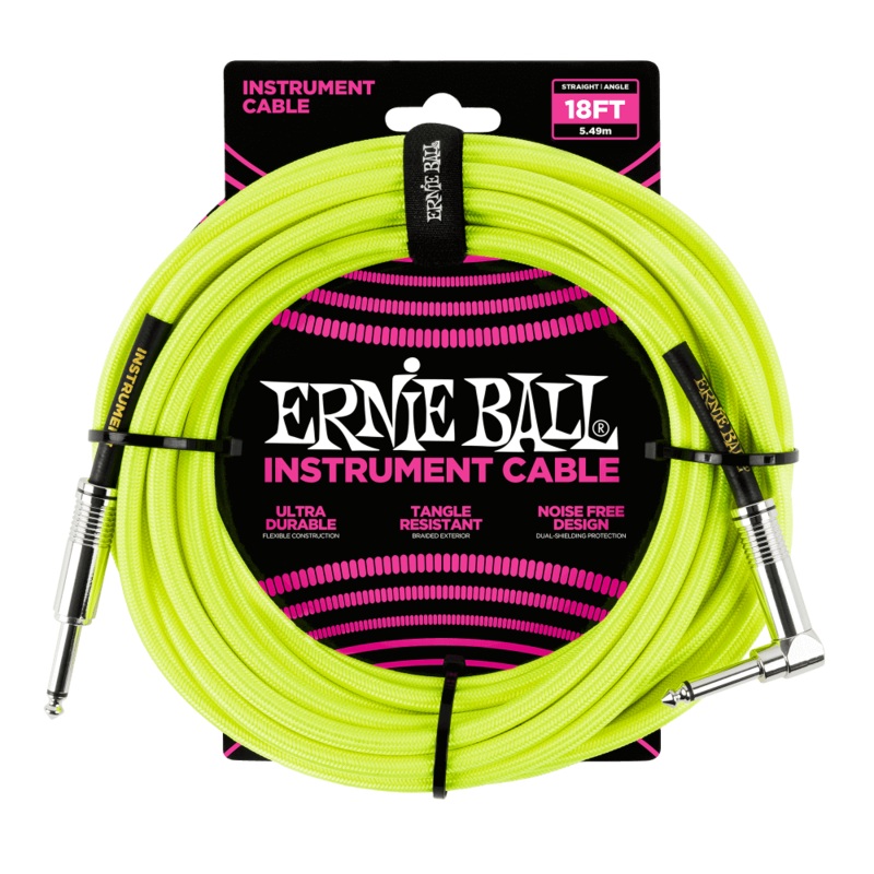 Ernie Ball 18′ Straight to Angle Braided Instrument Cable Neon Green